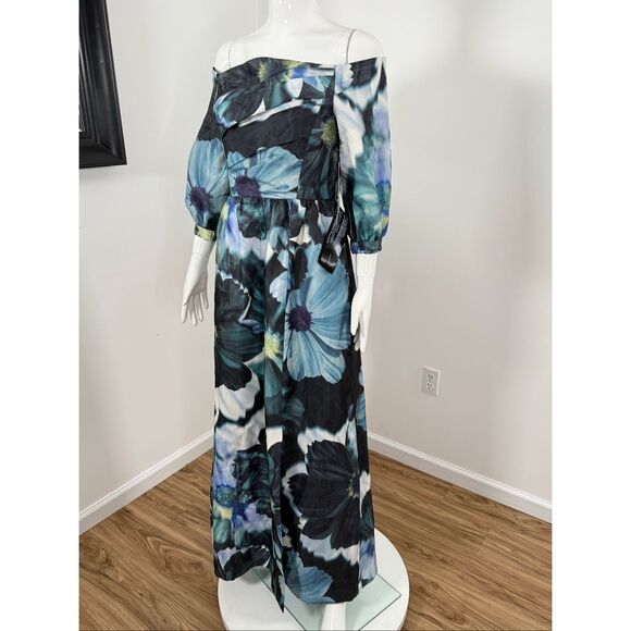 Kay Unger Womens Alison Floral Off-the-Shoulder Gown Flint Light Teal Size 6 - Picture 10 of 12